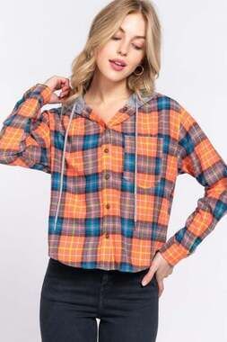 Long Sleeve Drawstring Hoodie Button Down Plaid Cotton Flannel Shirt